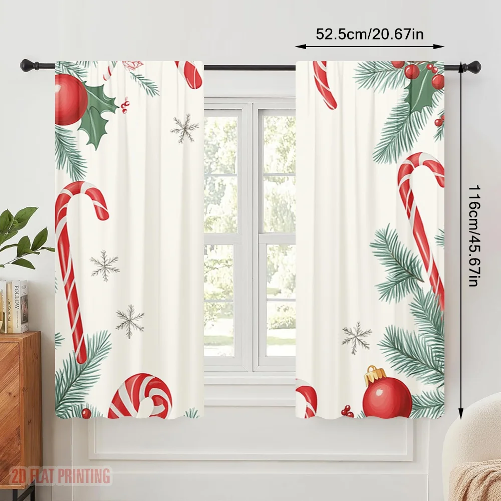 2pcs,2D plane printing Pattern Curtains Christmas Candy Snowflakes Berries (2) Durable 100% Polyester Fabric (without rod) Home