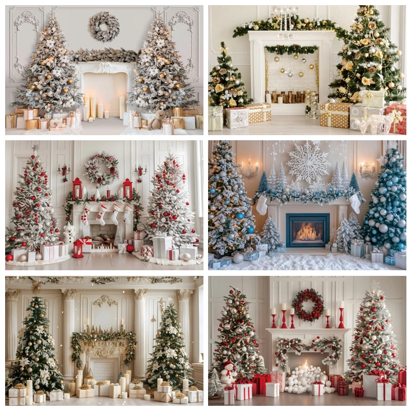 

Christmas Party Fireplace Photography Backdrops Window Christmas Xmas Tree Gifts Adults Kids Portrait Photographic Background