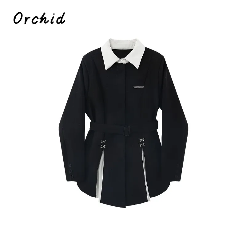 2023 New Young Women Black Gothic Blazer Vintage Fashion Jacket with Belt Y2k Suit Coat Elegant Harajuku Long Sleeve Outwear