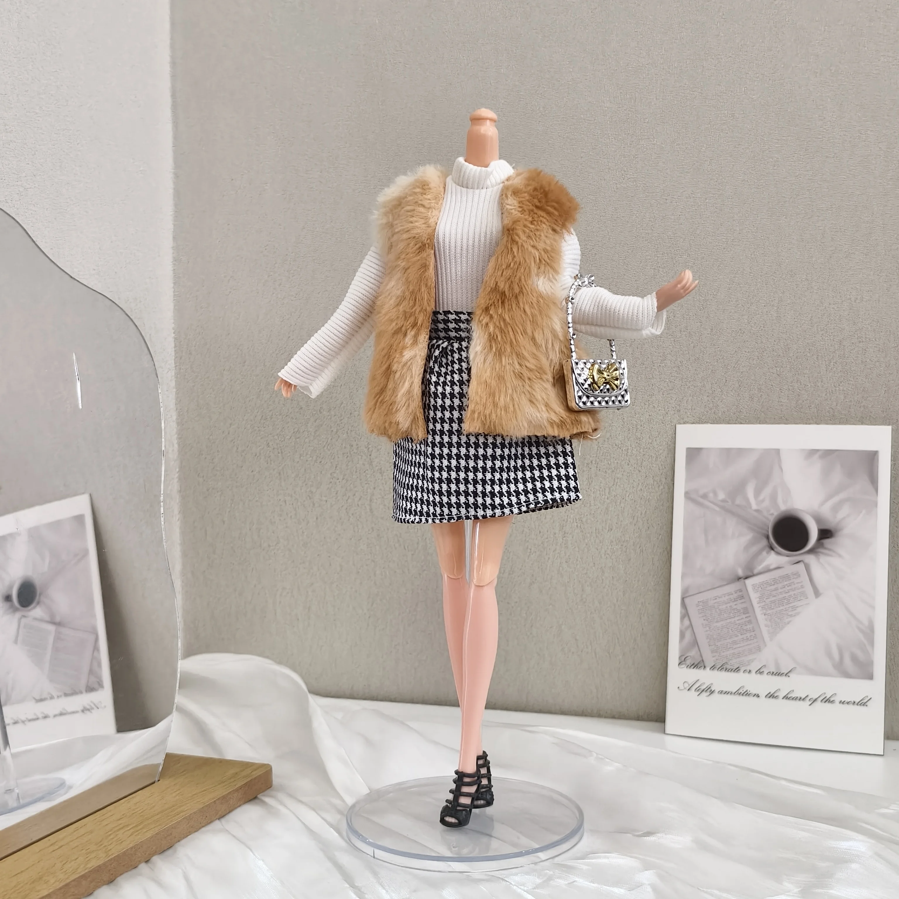 Winter Fashion Plush Waistcoat+Elegant Checked Dress+Shoes Set For 1/6 Babi Xianxian Supermodel Doll Dress Up Clothes Parts