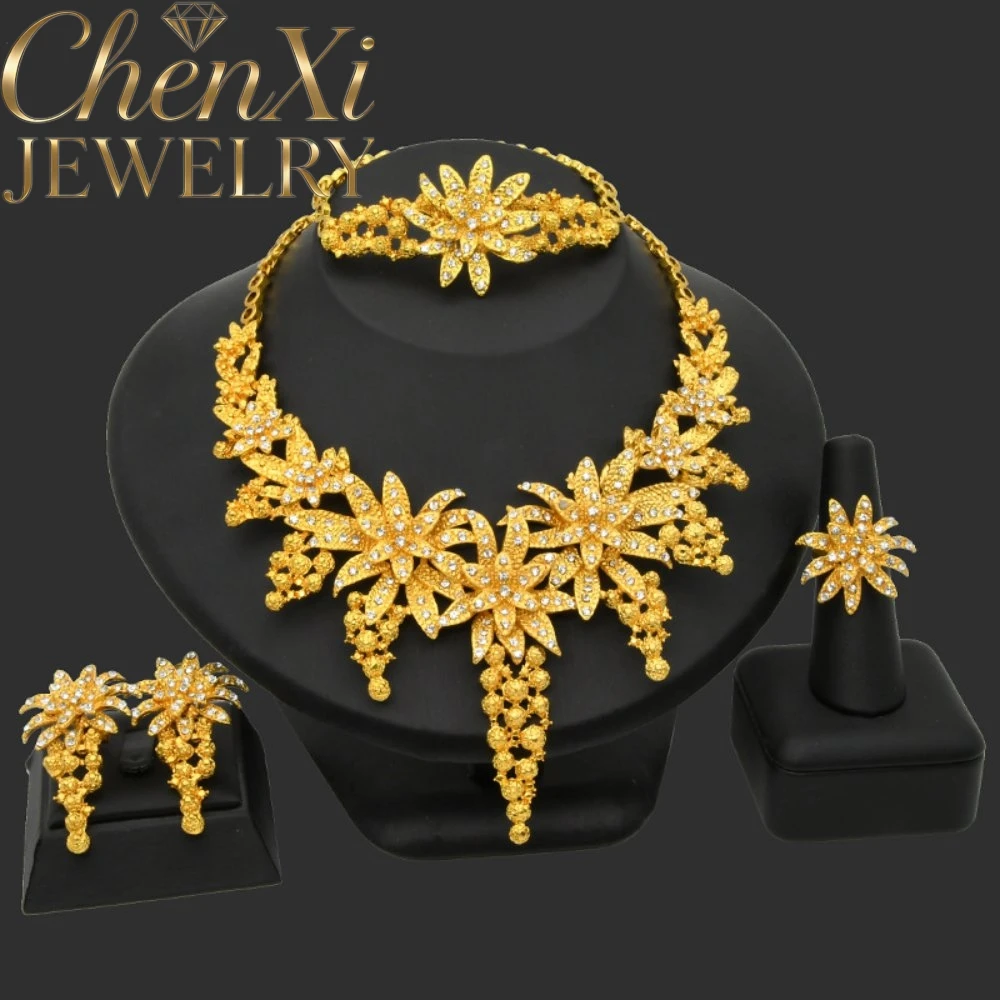 High-End Luxury Alluvial Gold Elegant Fashion Popular Jewelry Set Women Wedding Party Banquet Necklace Earrings Ring 4pcs Gift