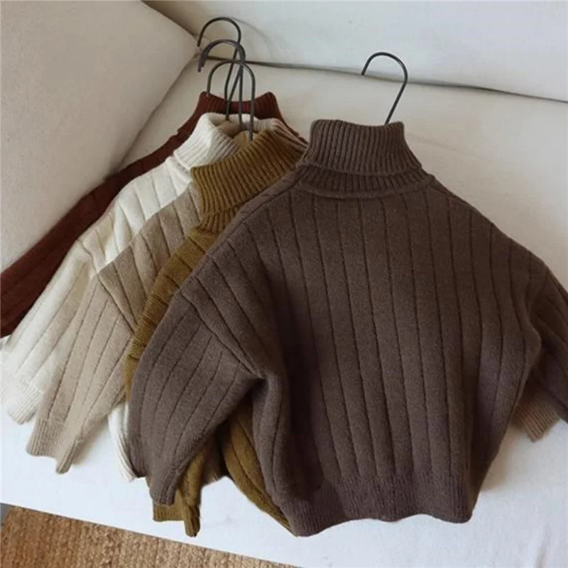 Girls Boys Fleece Lined Sweaters Kids Warm Knitting Pullovers Baby Solid Color Basic Long Sleeve Knitwear Turtleneck Undershirt