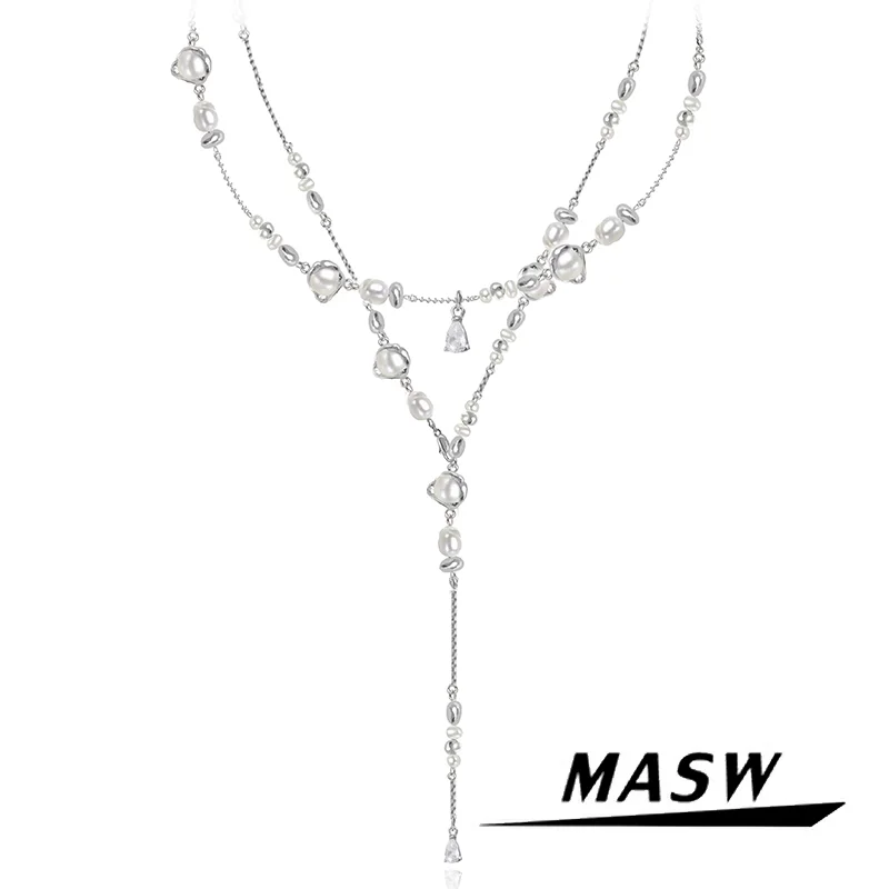 

MASW Original Design Cool Cold Trend Two Layers Natural Pearl Necklace For Women Girl Gift Fashion Jewelry Accessories