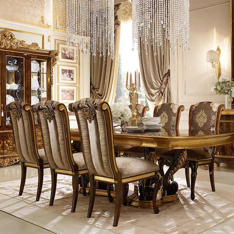 

Wooden rectangular dining table set with upholstery fabric dining chairs luxury dining room furniture set