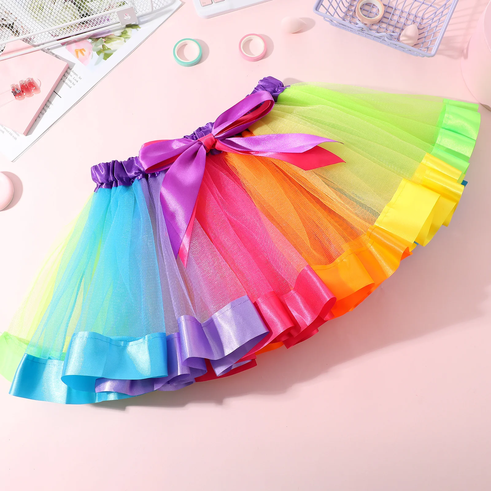 

Girls Elastic Waist Rainbow Tutu Skirt Layered Bowknot Ribbon Perfect for Ballet Dance Party Performance Dress 4-6 Years