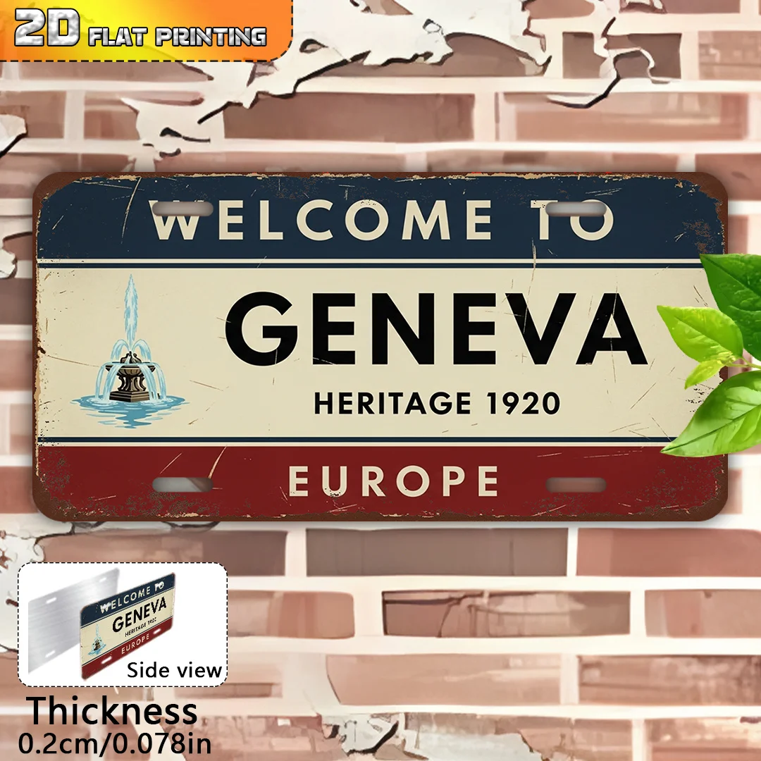 2D Flat - Single Item Packaging, 2D Flat Printing, Vintage Aluminum Sign, Outdoor Wall Decoration, Welcome to Geneva, Home Decor