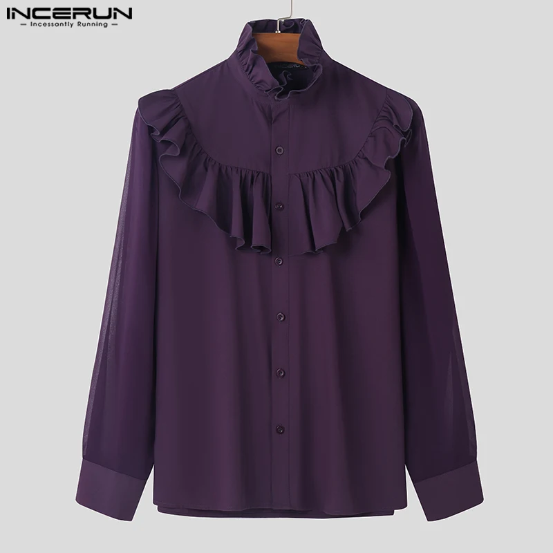 INCERUN Men\'s Shirts Solid Color Stand Collar Long Sleeve Button Casual Men Clothing Ruffle Streetwear 2024 Fashion Male Shirts