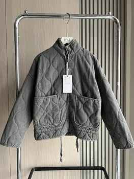Women's Polyester Padded Jacket 2026New Arrival Vintage Lenzing Rayon High Collar Large Pocket Decorative Quilted Coat for Women