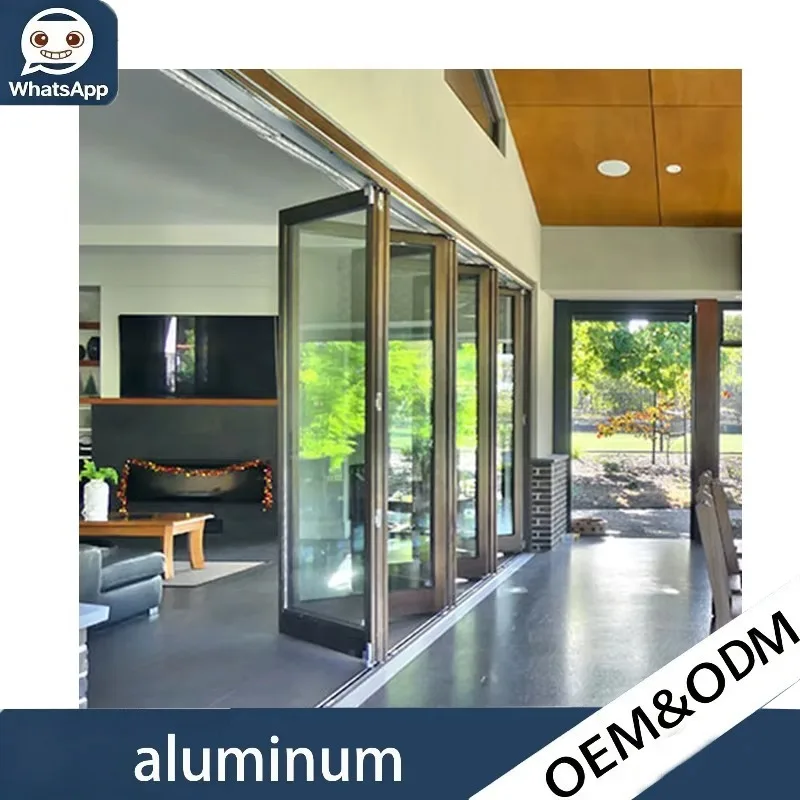 Indoor Living Room Bifold Folding Door Aluminum Alloy Double Glazed Panel Stainless Hardware Horizontal Open UV Protection