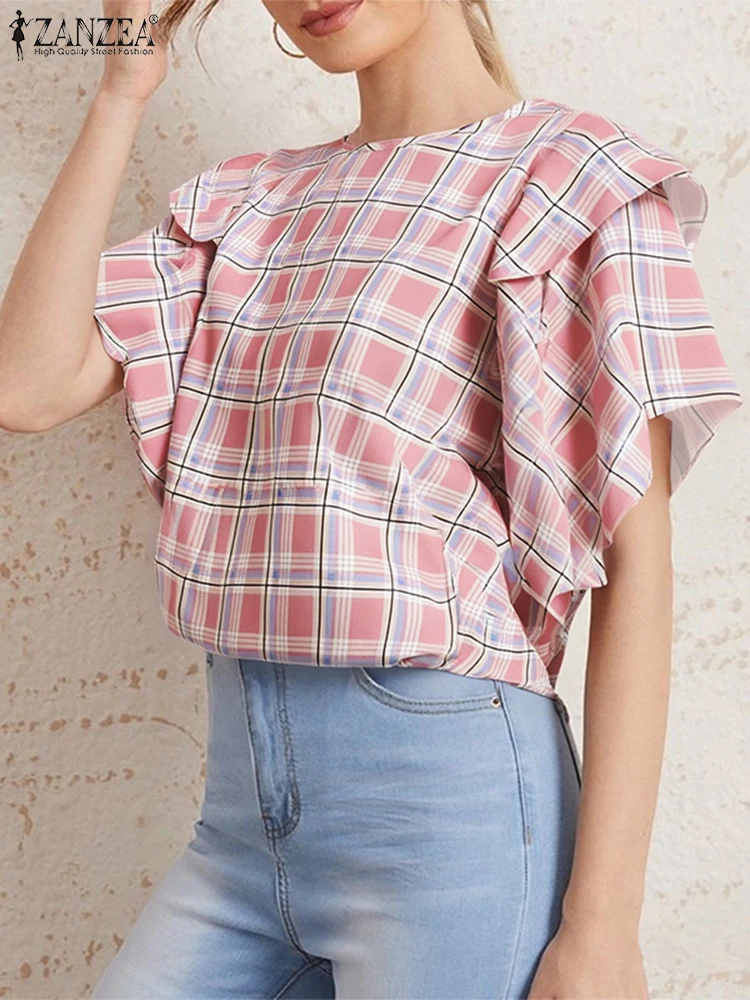 2025 ZANZEA Fashion Ruffled Blouse Women Elegant Office Work Tunic Casual Loose Blusas Printed Vintage Plaid Tops Oversized