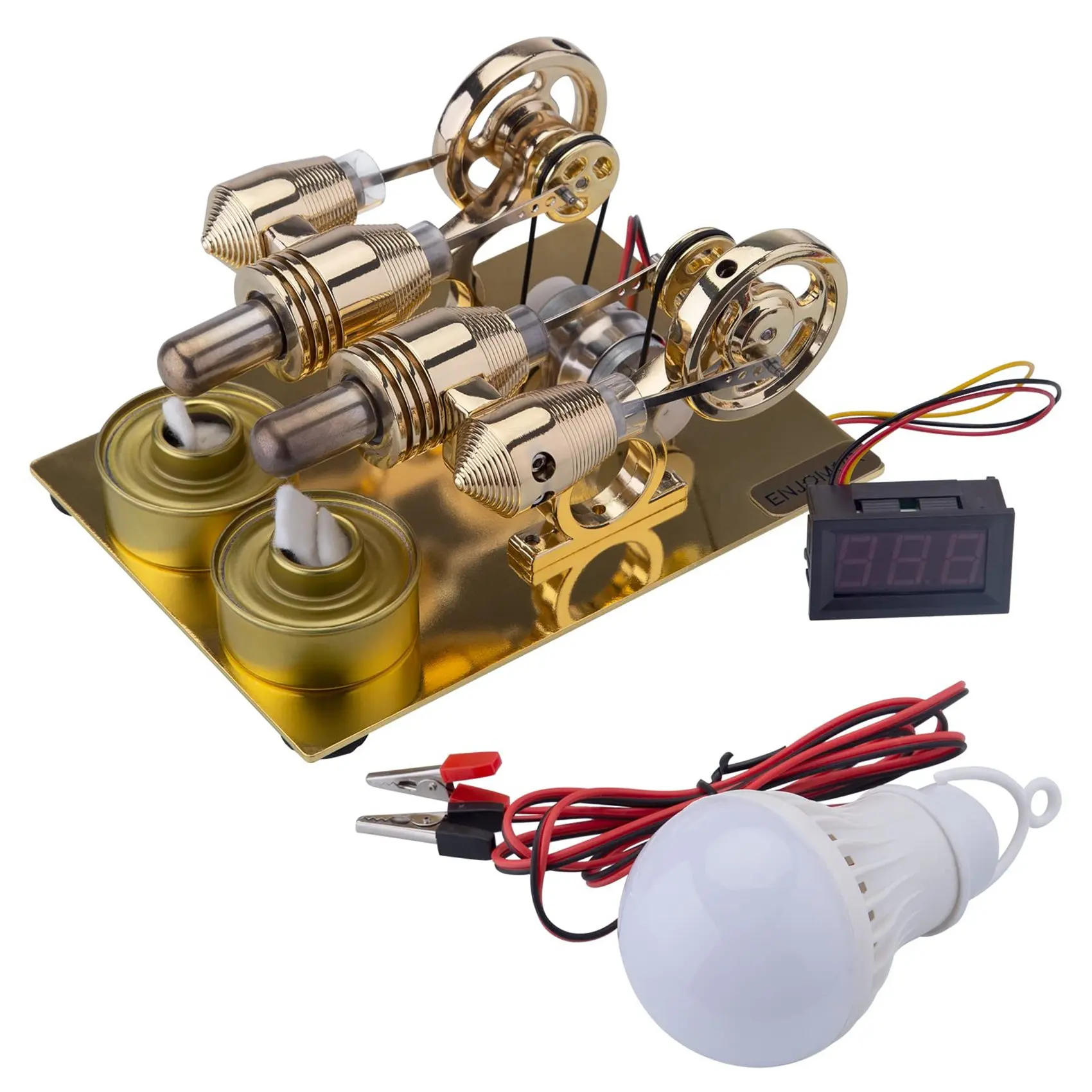 

Golden Four Cylinder Hot Air Stirling Engine Model, Mini Electric Generator to Light Bulb and Voltmeter Educational Toys