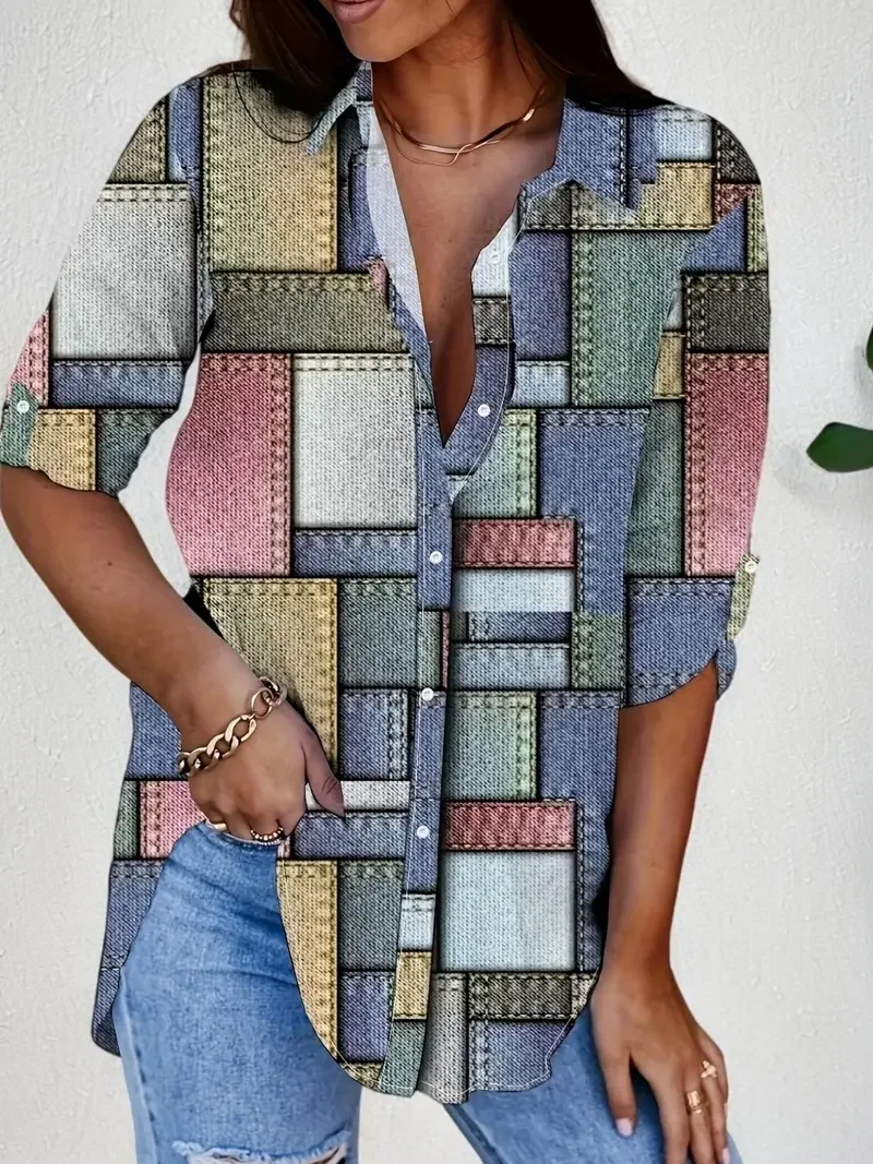 플러스 Size1XL-5XL 여성 캐주얼 데님 프린트 버튼 업 블라우스 여성 패션 긴 소매 턴 다운 칼라 편안한 셔츠