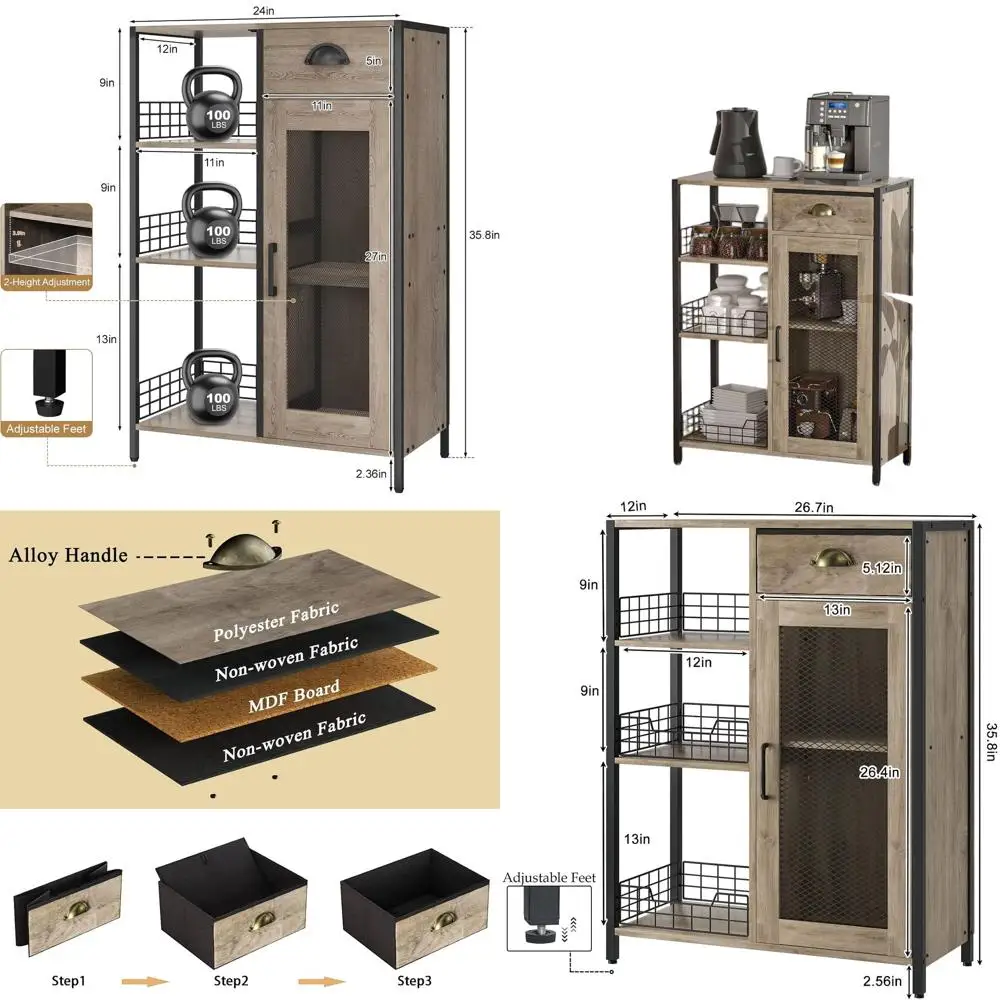 

Журнальный столик в стиле фермерского дома, 3-ярусный, с выдвижным ящиком для хранения, высота 35,8 дюйма, регулируемая полка для кухни и обеденной зоны - серый, рустик, W