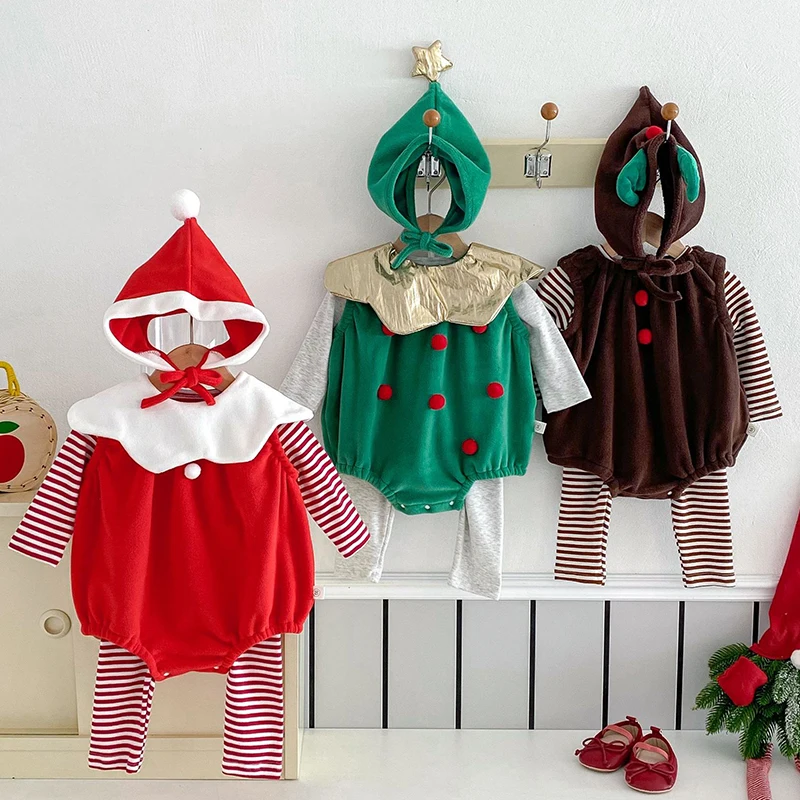 2024 Christmas Costume New Year Clothing Suit Infant Baby Boys Girls Jumpsuit Newborn Baby Boys Girls Thick Bodysuits+Hat