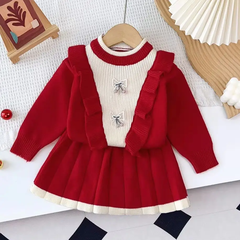 

2025 Autumn New Girl Clothes Cherry Pullover Sweater+Knitted Pleated Skirt 2PCS For Christmas Party Daily Wear 3-8Y Kids Outfits