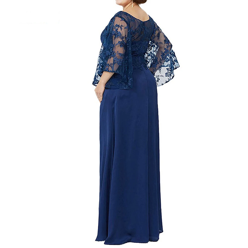 New Lace Chiffon Mother Of The Bride Dress Half Sleeves Plus SizeFloor Length Royal Blue Green Elegant Evening Prom Dress A-Line