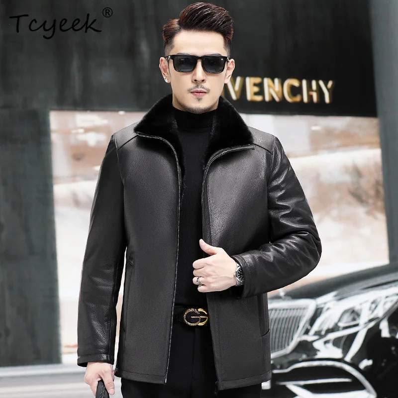 

Tcyeek Мужская куртка из натуральной козьей кожи, теплая норковая шуба, зимняя одежда, деловые повседневные мужские пальто 2025 Куртка Мужская