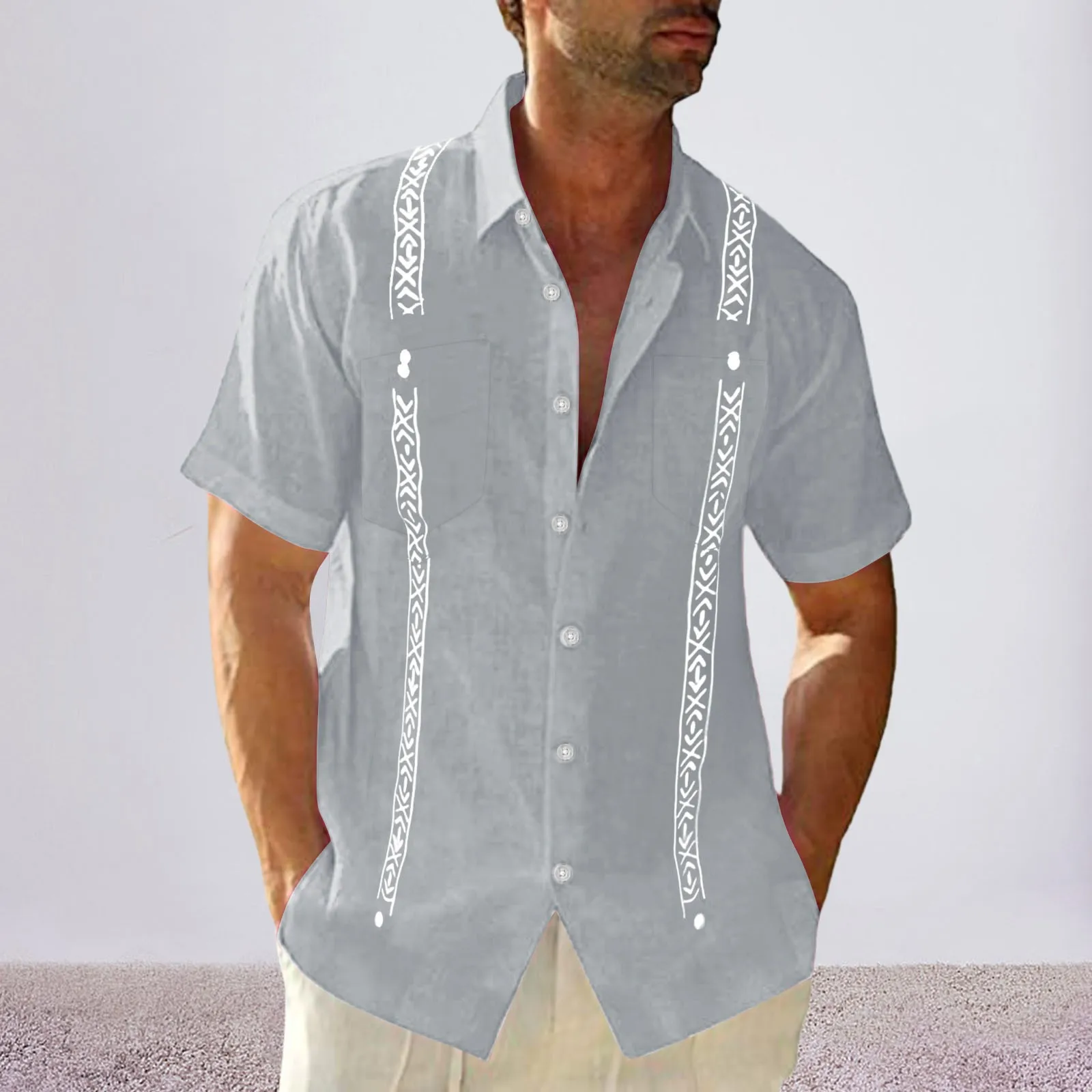 ملابس شاطئ كبيرة الحجم للرجال بأكمام قصيرة قميص كتان للشاطئ الكوبي جيب علوي Guayabella قمصان Para Caballero #3