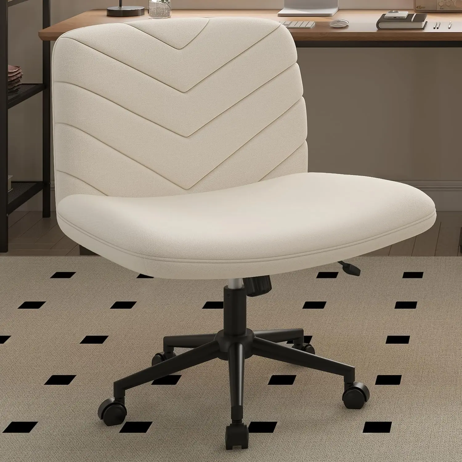 Chair with Wheels,Comfy Armless Cross Legged Office Desk Chair, Swivel Vanity Chair Computer Chairs for Home Office