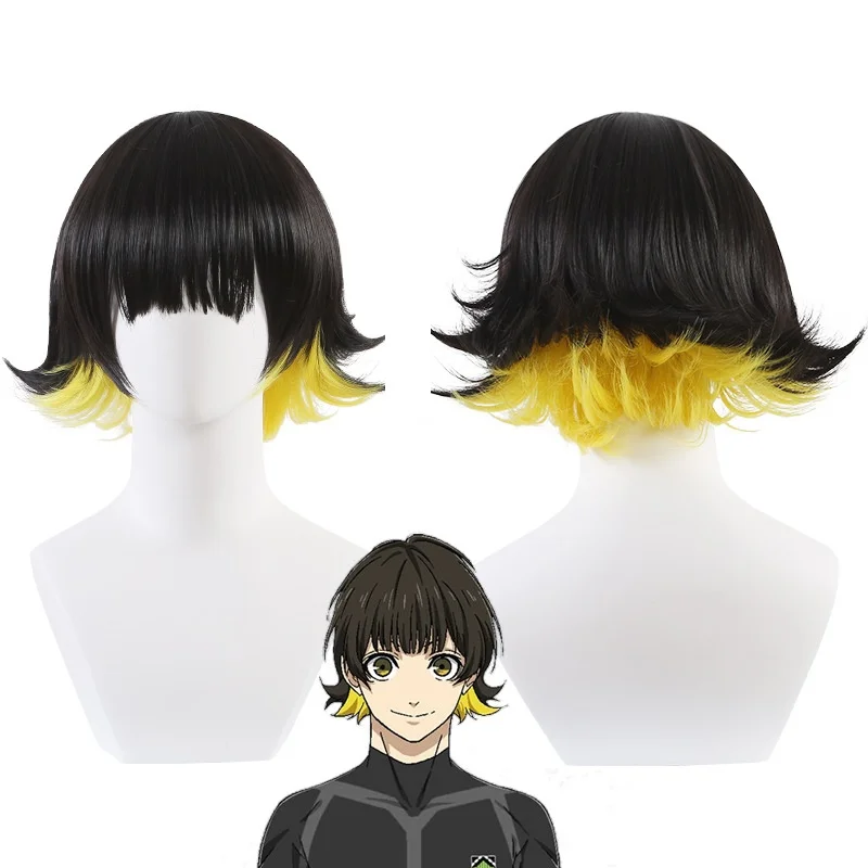 Anime Blue Lock Bachira Meguru Cosplay Wig Black Yellow Hair Bowl Cut Team Z No.8 Football Player Bob Halloween Accessory Men