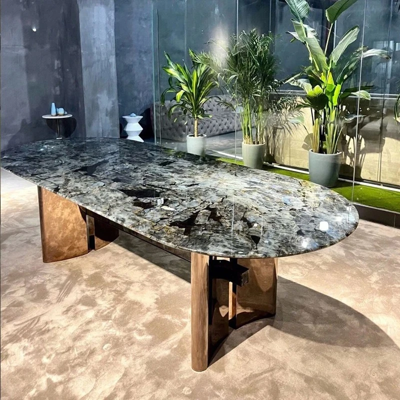 

Marble round dining table blue jadeite natural rectangle high-end light luxury restaurant designer