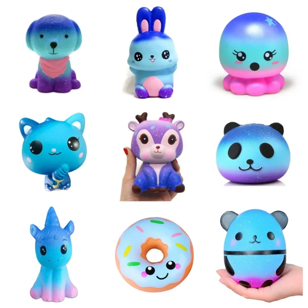 Squishy Blue Dream Starry Sky Unicorn Dog Panda Squeeze Stress Relief Toy Set ， Slow Rising Soft Fidget Toys for Kids Girl Gift