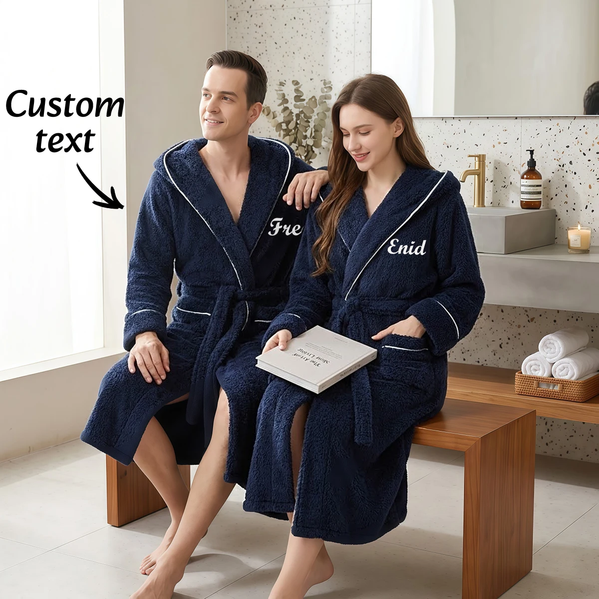 Personalized Hooded Couple Bathrobes | Custom Name Embroidery Matching Robes | Dark Blue Fleece Sleepwear