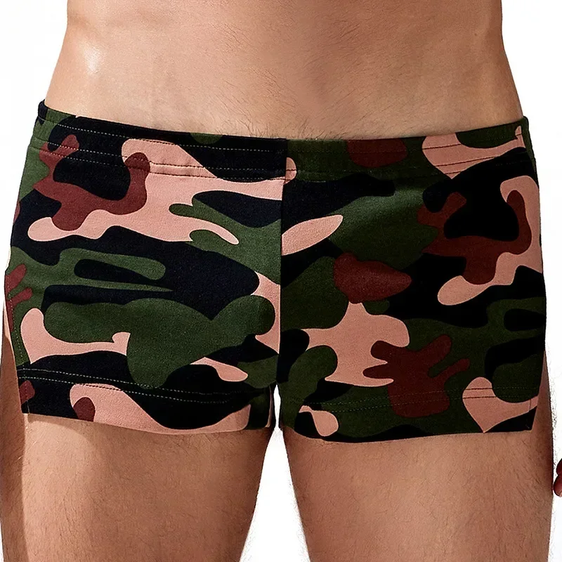 Camouflage Thick Cotton Men A‑roo Underwear Split Opening Design Loose Casual Home Sleep Shorts