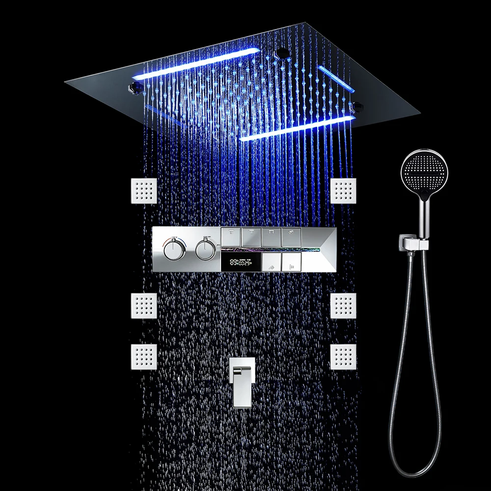 

Qlonn 20 Inch LED Lighting Rain Shower Head 6 Function Shower Set System Digital Display Constant Temperature Diverter Body Jets