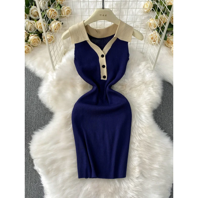 women summer slim chic polo neck knitted bodycon mini short tank dress casual patchwork party sheath dresses t shirt vestidos