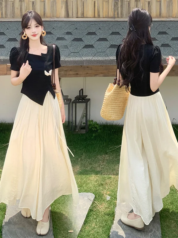 

Elegant High Waist Drawstring Short Sleeve T-Shirt And Wide Leg Pants Two Piece Set for Women Summer Fashion Ensemble
