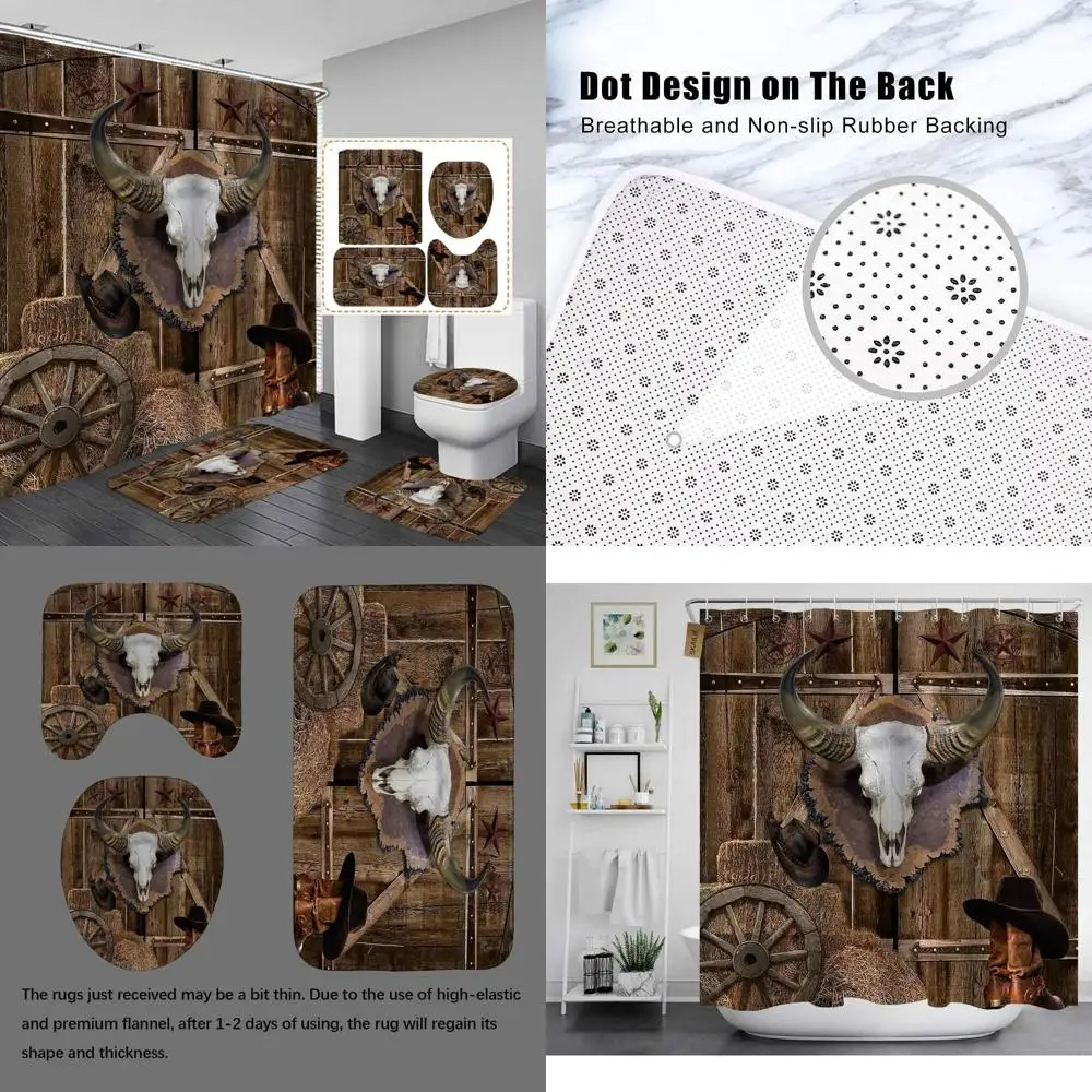 

rustic western shower curtain set, vintage barn door theme with cow skull, wagon wheel, texas star, cowboy hat & boots