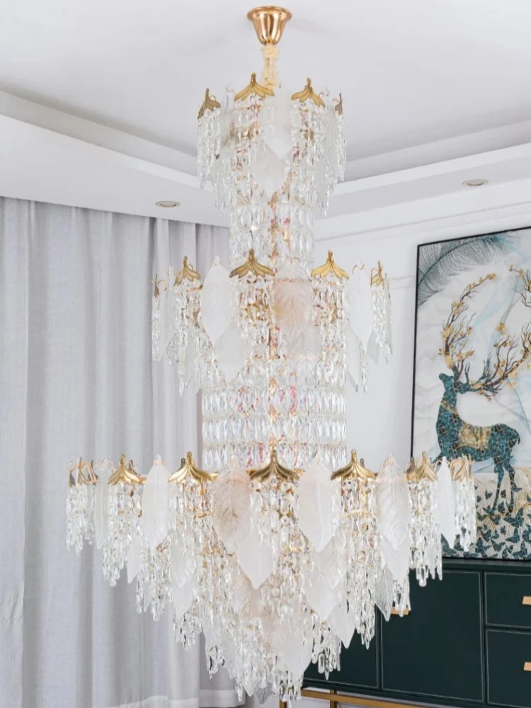 

Postmodern Duplex Crystal Chandelier Hall Villa Living Room Lamp Light Luxury M Id-floor Crystal Creative Leaf Pendant Light