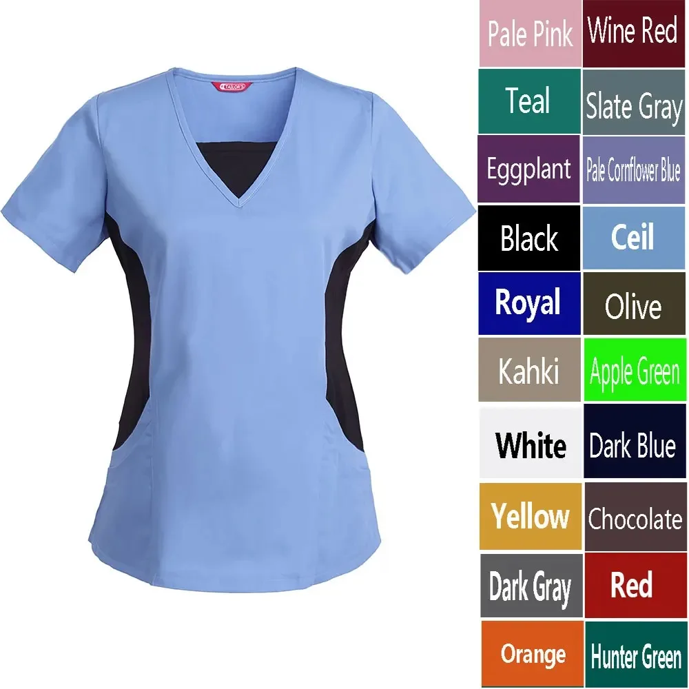 Blusa de manga corta con cuello en V para mujer, uniforme de enfermería, Top de trabajo con bolsillos