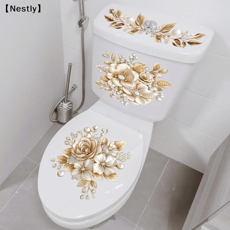 Luxury Gold Pearl Floral Toilet Sticker Waterproof Self-Adhesive Bathroom Decor Sticker Wall Stickers Home Decor Stickers〔Nest〕