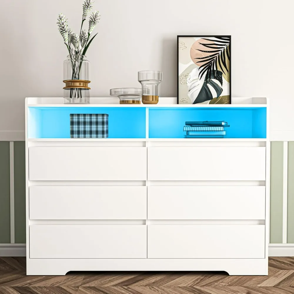 

6 Drawer Dresser, White Dresser for Bedroom with LED Lights, Modern Dressers & Chests of Drawers with Sturdy Frame for Entryway