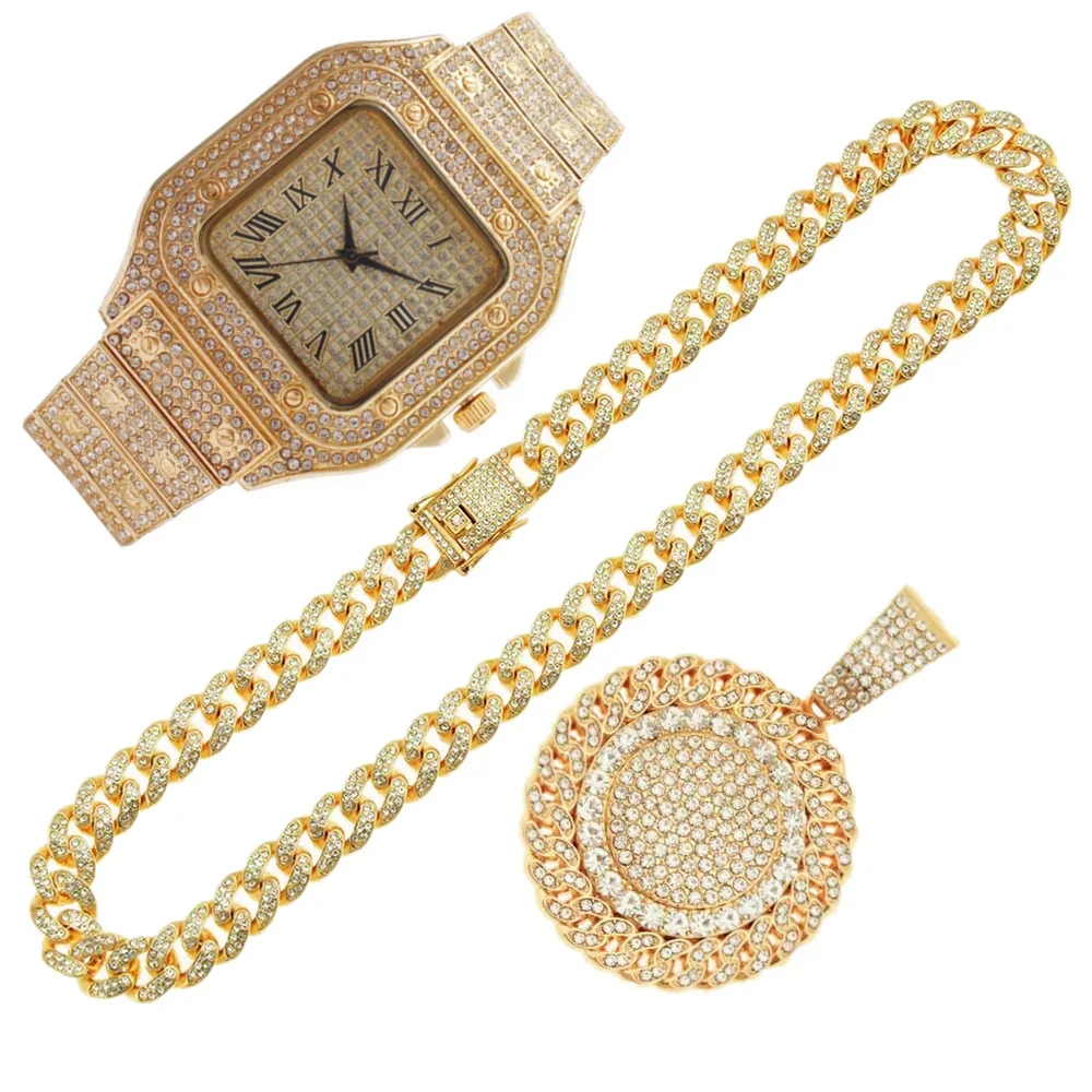 

2pcs Iced Out Watches Necklace Pandents Rhinestone 13MM Miami Cuban Chains Bling Rapper Luxury Gold Wristwatch Men Jewelry Set