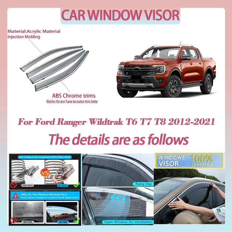 Car Window Visor for Ford Ranger Wildtrak T6 T7 T8 2012-2021 Deflector Window Rain Guard Weathershield Sun Rain Guard Accessorie