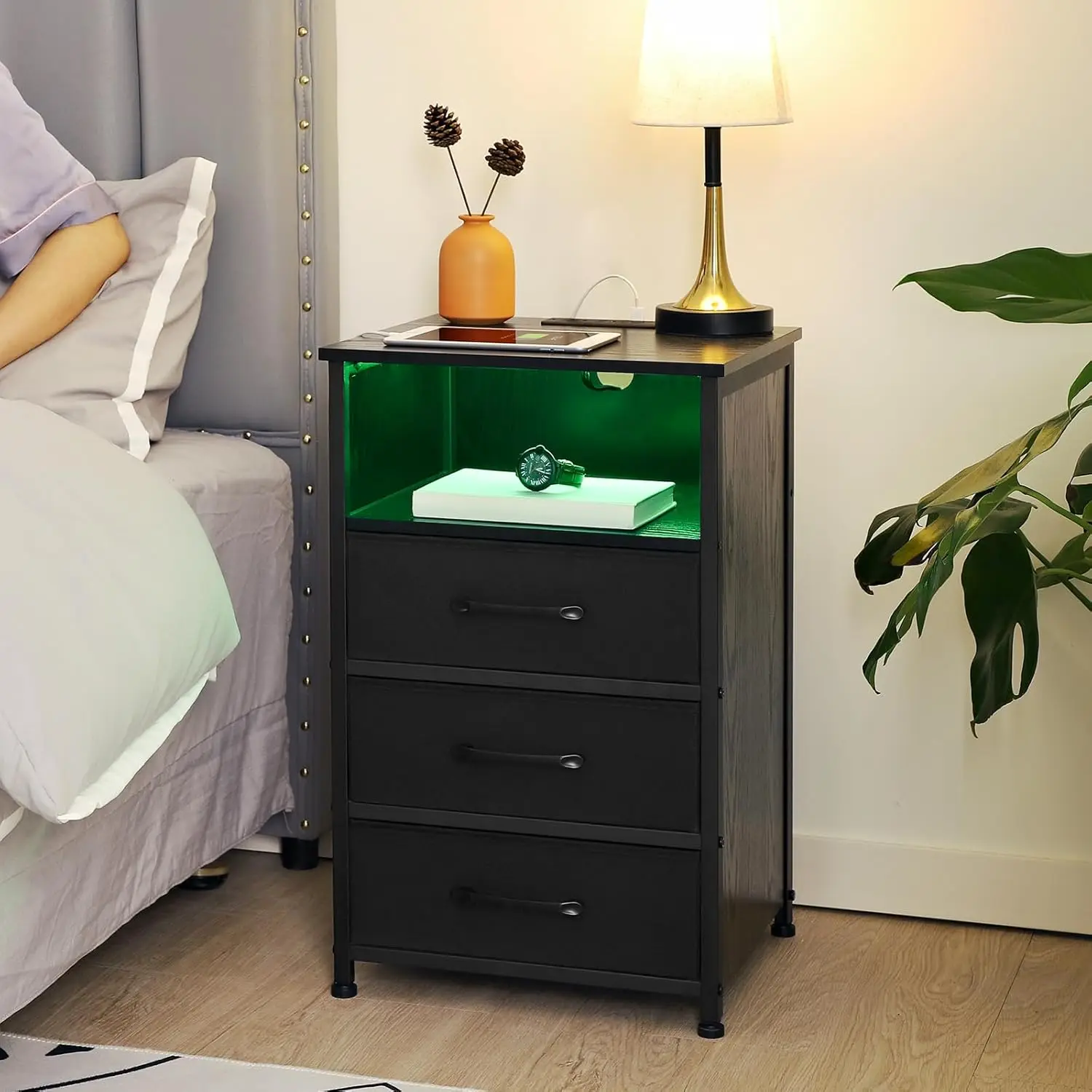 LED Nightstand with Charging Station, End Tables with 3 Fabric Drawers, Bedside Table with USB Type