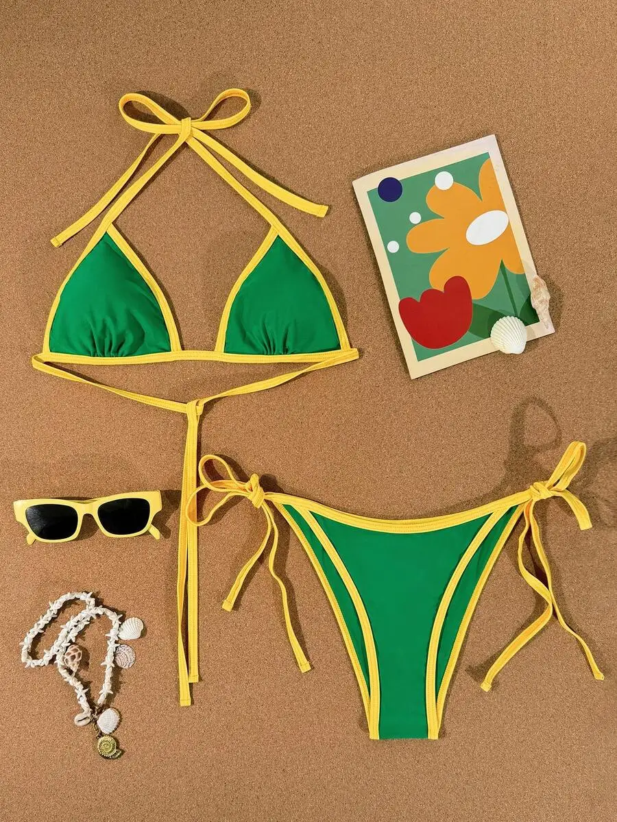 Bikini de Tanga con Lazos Laterales en Verde y Amarillo, Traje de Baño para Mujer, Verano, Playa, Vacaciones