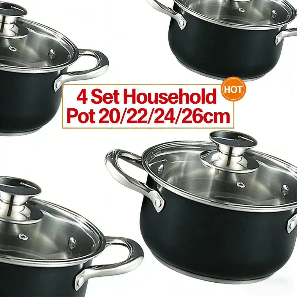

4Set Anti-Scratch Stainless Steel Cookware Set with Glass Lid Thickened Core Soup Stockpot for Kitchen Stove Soup Cooking