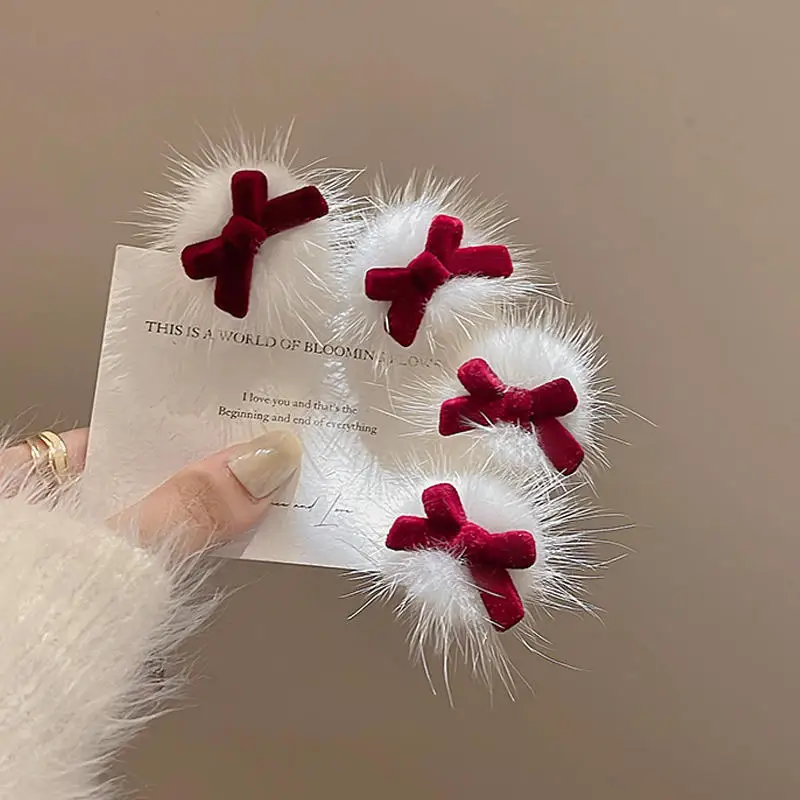 

New Year Red Bowknot Hair Clips Plush Barrettes Cute Pompom Hairpins Princess Girls Duck Tongue Clip Small Winter Headdress 2pc