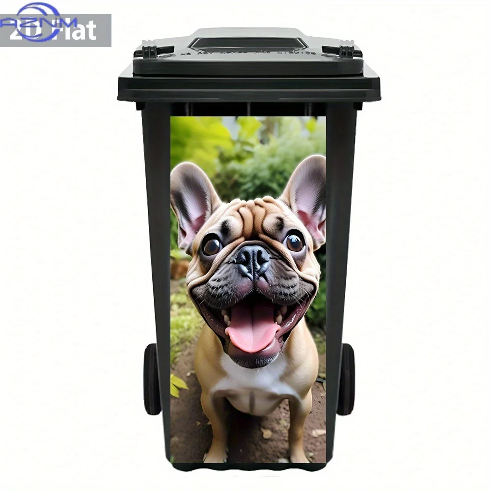 Waterproof 2D Flat Happy French Bulldog Trash Can Sticker – Charming And Lively, French Bulldog-Themed Bin Decor, Realistic De