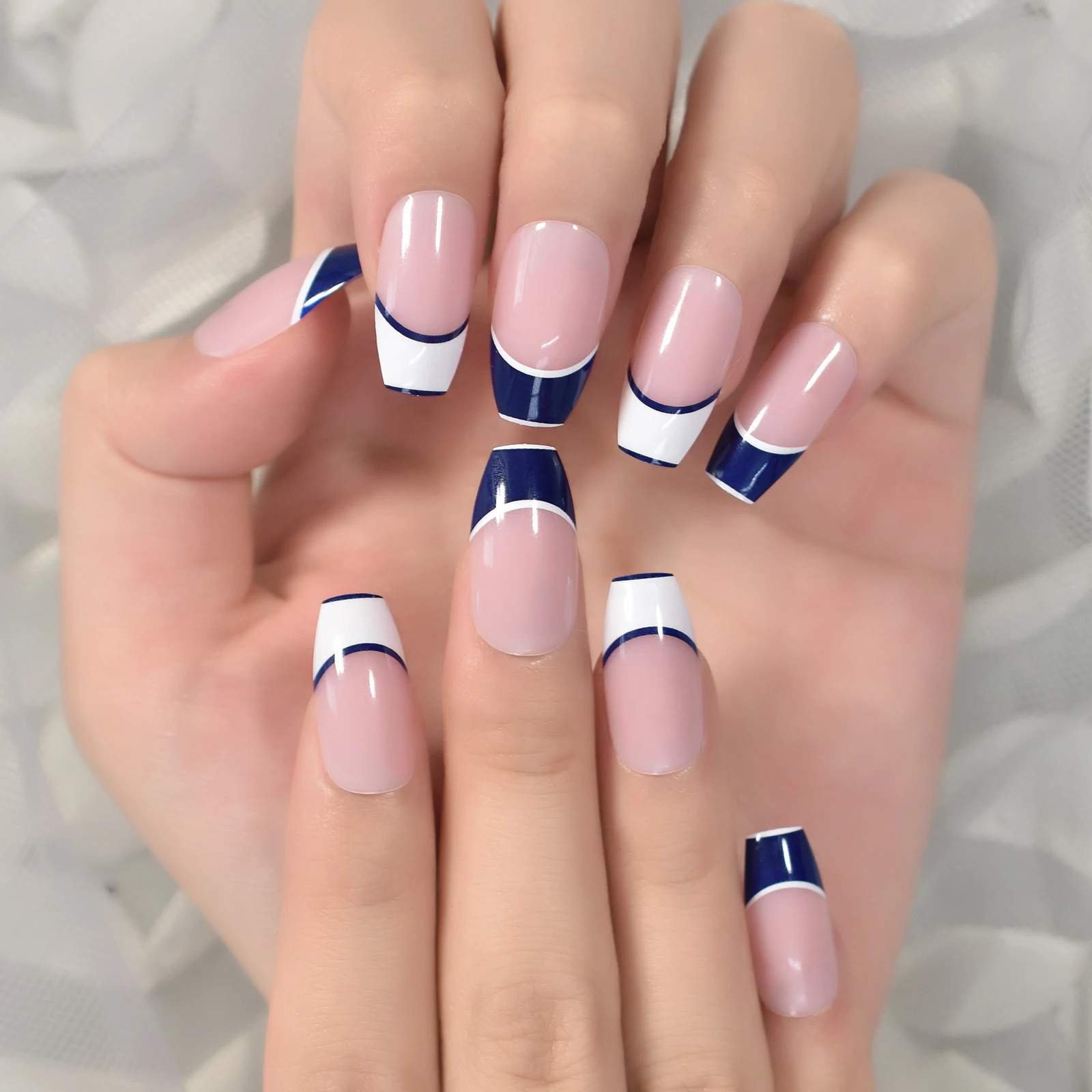 Unhas brilhantes grossas frança bule branco topo unhas falsas com abas curto caixão manicure atacado imprensa em unhas unhas falsas