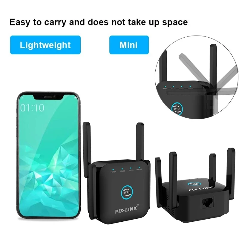 1200Mbps 2.4G/5G Portable Network Device PIX-LINK Dual Band Wifi Expander Black/ White For Extending Wireless Signal At Home