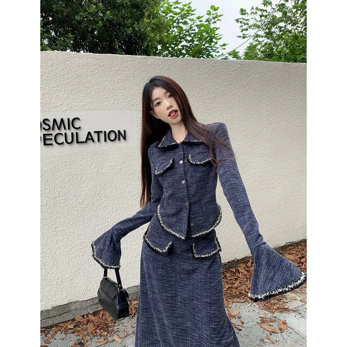 

New French Style High-end Advanced Waist Slimming Trumpet Long-sleeved Jacket + Long Skirt 2 Piece Sets Womens Outfits