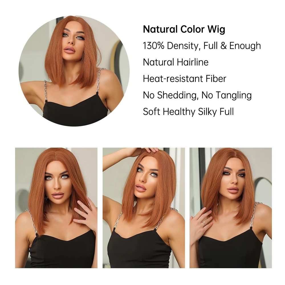 Short Synthetic Wigs Straight Bob Cut Middle Part Blunt Wig Ginger Orange Copper Fiber Hair for Black White Women Heat Resistant