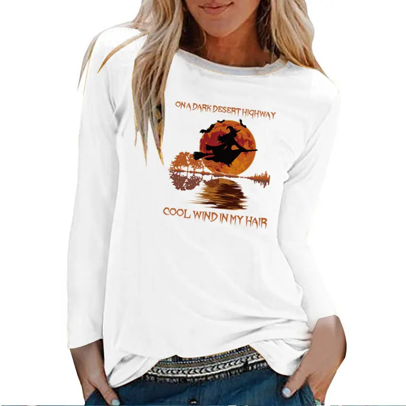 

Seeyoushy on A Dark Desert Highway Witch Printed Halloween Top Women Autumn Winter Graphic Tee Aesthetic White O Neck Clothes