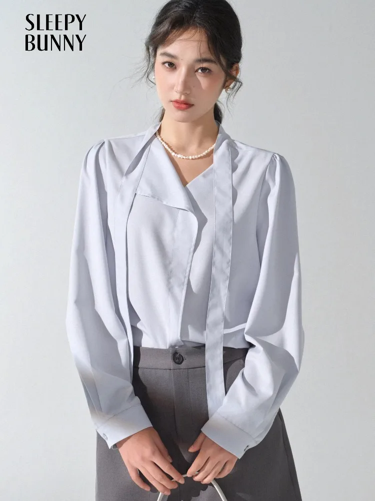 

Elegant V Neck Blouse Women French Style Long Sleeve Shirt Tie Knot Design Chic Asymmetrical Top Office Workwear Casual Outfit