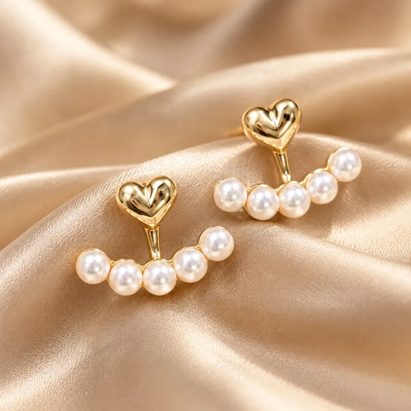 Heart Pearl Stud Earrings for Women Gold Tone Front Back Dual Wear Earrings Sweet Elegant Ear Jewelry Wedding Party Gift